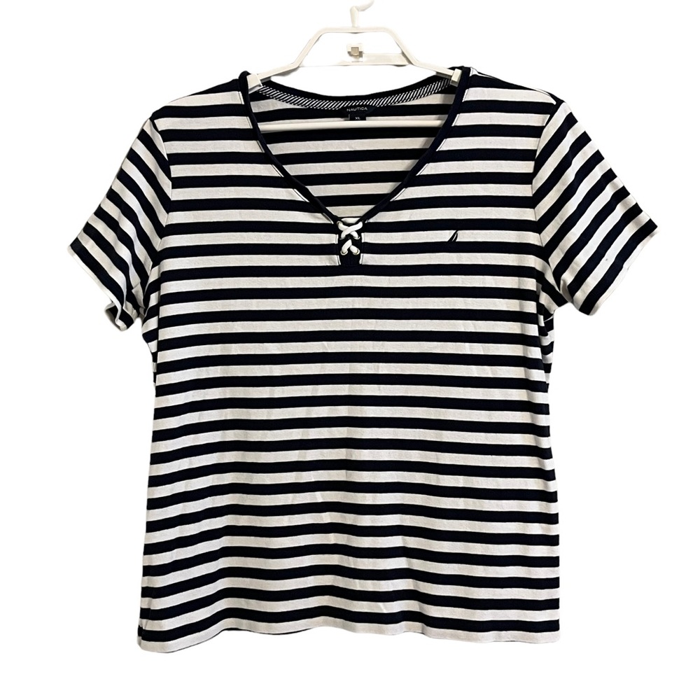 Nautica Black and White Striped Short Sleeve Tee
